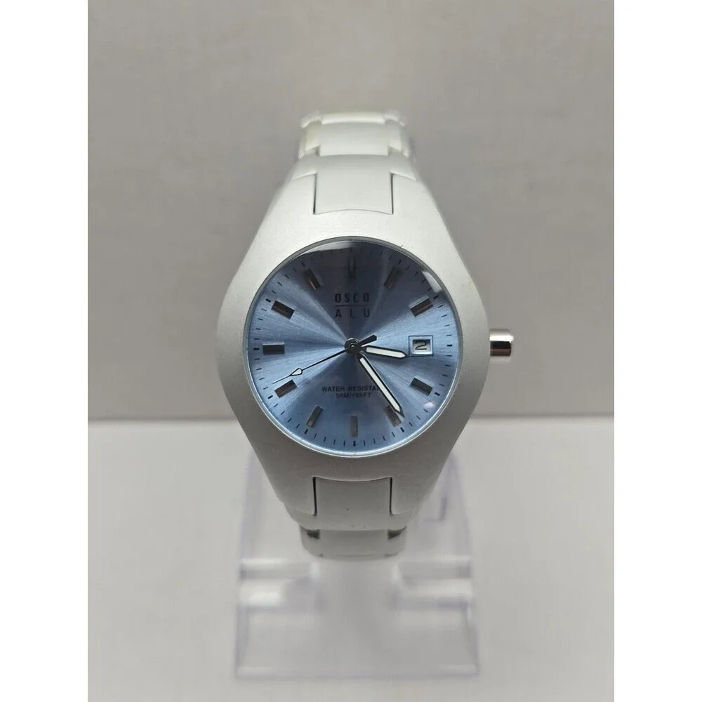 Osco ALU Quartz Watch Womens Blue Dial Date 50M165FT Water Resistant New Battery